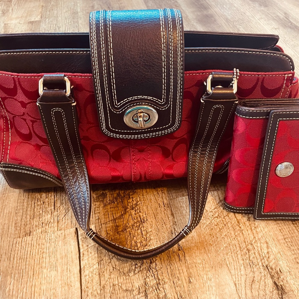Coach Red and Brown Signature Tote Bag and Wallet - Authentic